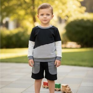 Miki Miette Kids Black, Gray and White Striped Tee and Shorts Set, 24mo, 2T